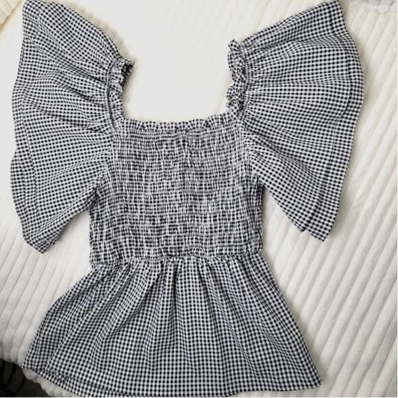 Smocked Gingham Boho Top Black & White Butterfly Sleeve Blouse Size S/M Milkmaid - Picture 4 of 10